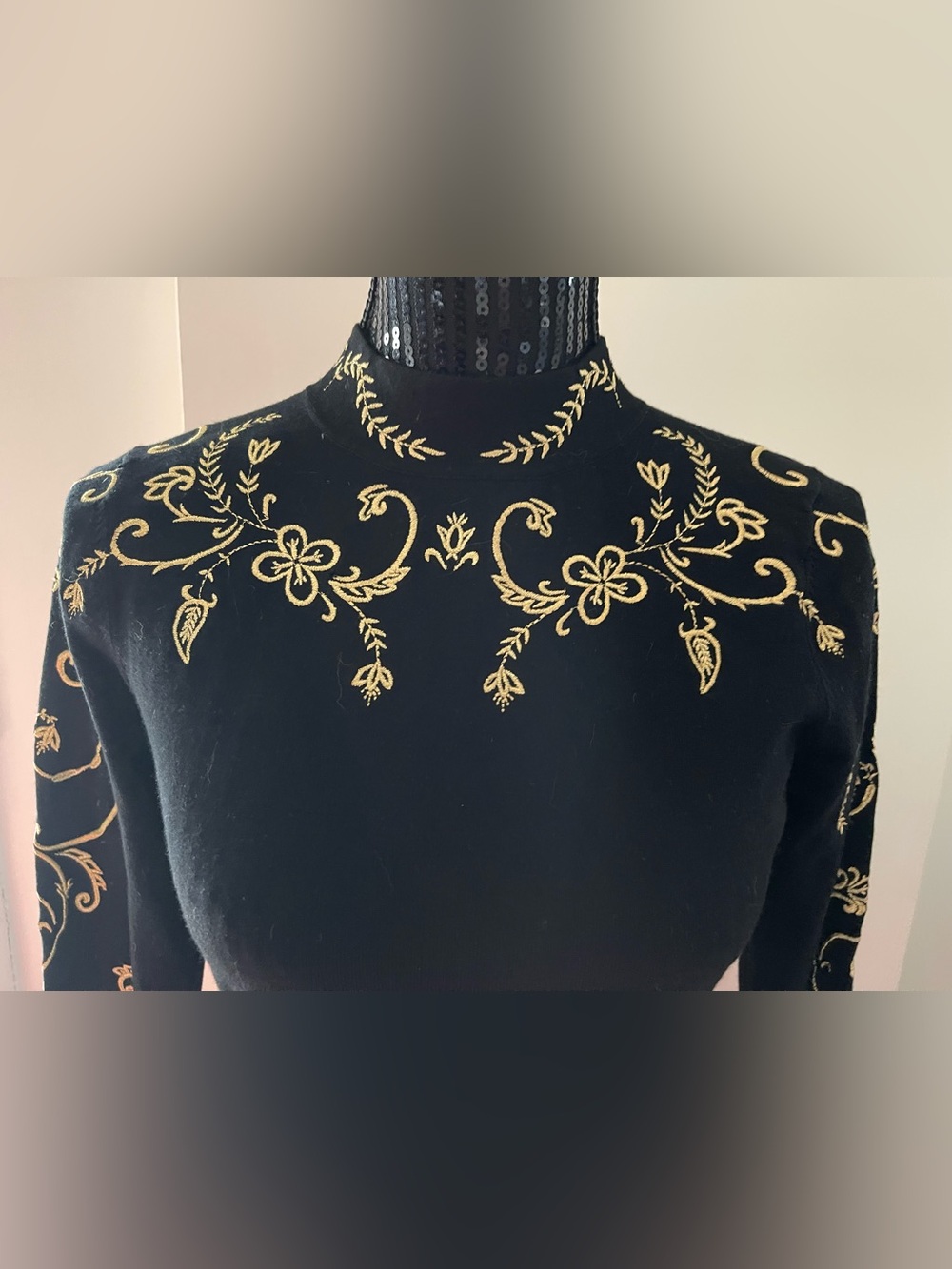 Karen Millen Black Sweater with Gold Embroidered Foliage Size Medium - Picture 2 of 10